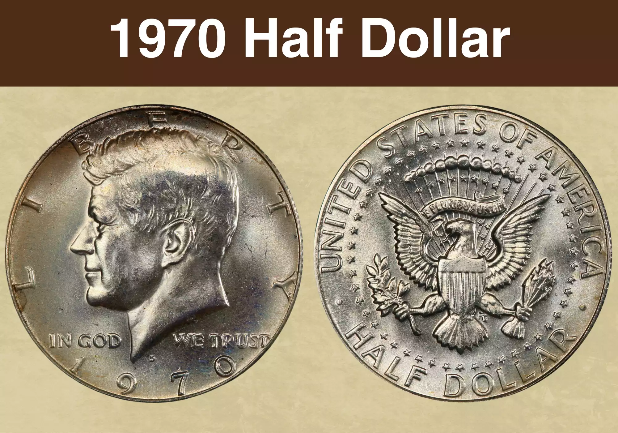 1970-D Kennedy half dollar obverse and reverse showing original mint luster