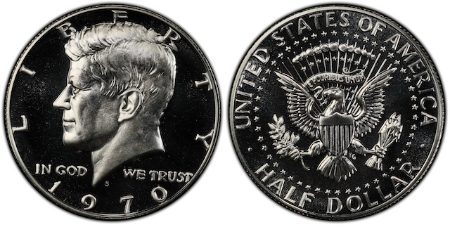 1970-S Kennedy half dollar comparison: normal proof lettering vs DDO FS-101 doubled die obverse showing letter doubling on IN GOD WE TRUST