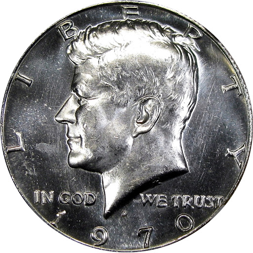 1970-D Kennedy half dollar prooflike variety showing mirror-like reflective fields contrasting with Kennedy portrait