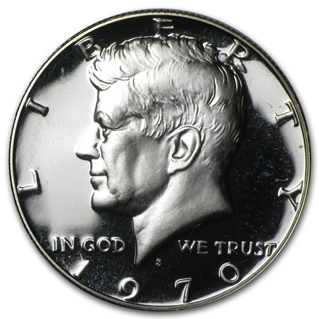 1970-S Kennedy half dollar proof struck on aluminum Shell Gas token showing wrong planchet error alongside a normal 1970-S proof for comparison