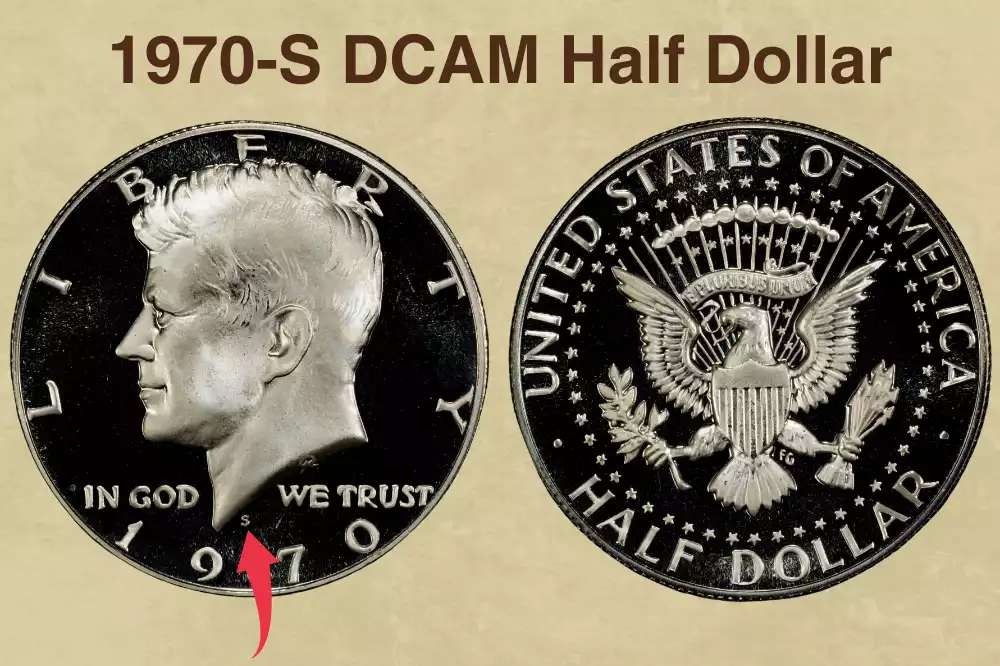 1970-S Kennedy half dollar Deep Cameo proof showing stark contrast between frosted white devices and mirror-black fields