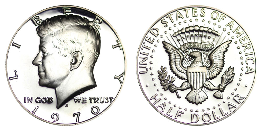1970 Uncirculated Mint Set original packaging showing the 1970-D Kennedy half dollar inside the sealed cellophane wrapper