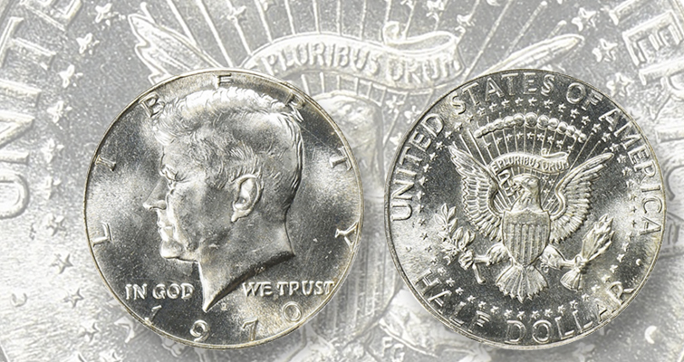 1970-D Kennedy half dollar grading strip showing four condition tiers from About Uncirculated through Superb Gem MS-67